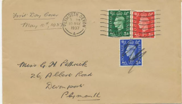 GB 1937 King George VI 1/2, 1, 2 1/2d FDC FD-Machine-Cancel "PLYMOUTH DEVON"