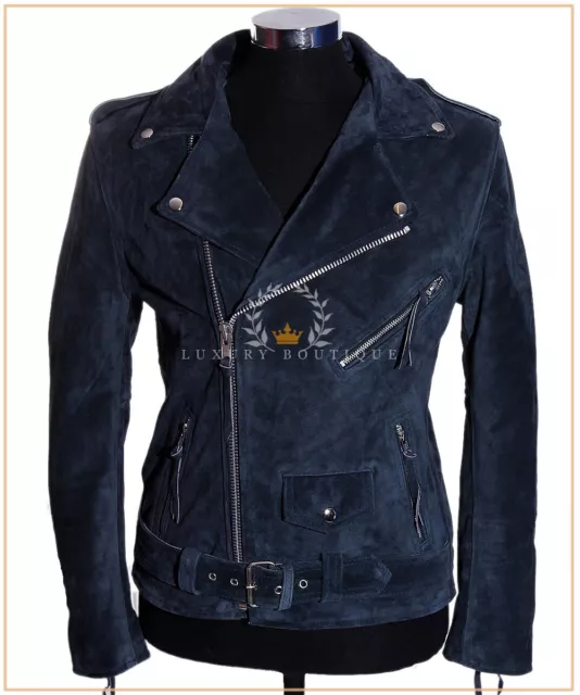 Men's Brando Blue Suede Motorcycle Biker Cruiser Style Cowhide Leather Jacket