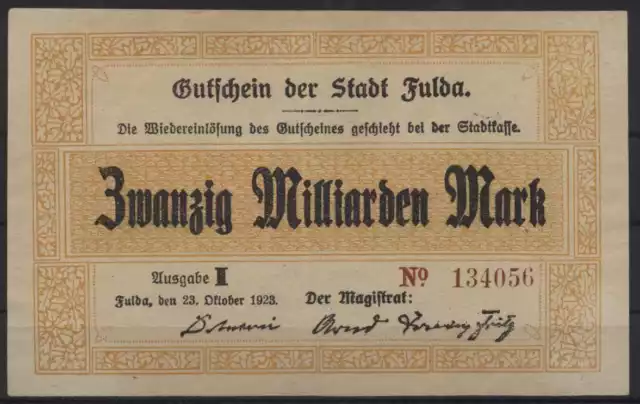 [22913] - NOTGELD FULDA, Stadt, 20 Milliarden Mark, 23.10.1923, Keller 1661h, oh