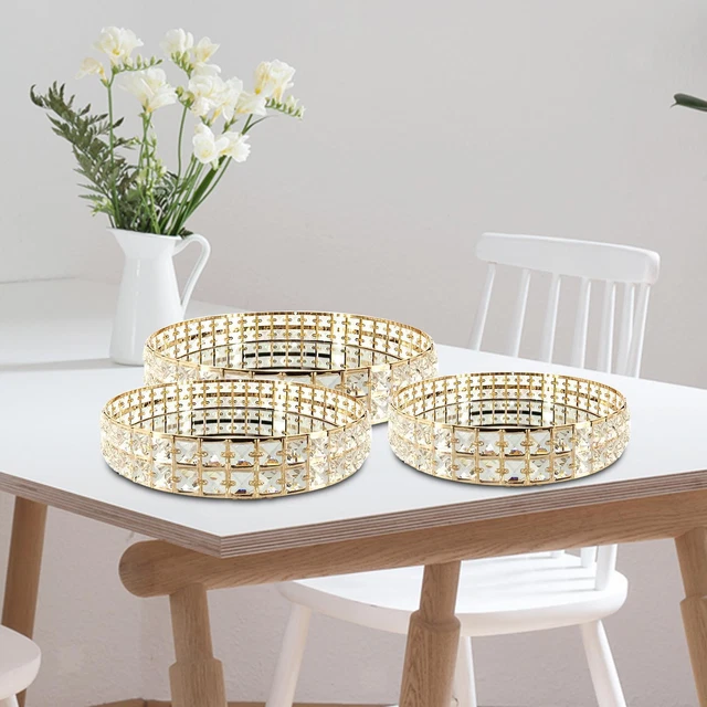 Plateau De Maquillage Cristal Argenté Rond 25 Cm Avec Miroir - Décoration Noël Mariage Coiffeuse