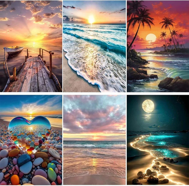 3 Pack Diamond Painting Kits For Adults - Beach Scenery 12x12 Full Drill Round DIY Art