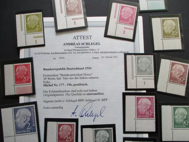 1954 Bund, Mi 177-196 BRD postfrisch HEUSS Attest von 2023, Schlegel EINWANDFREI