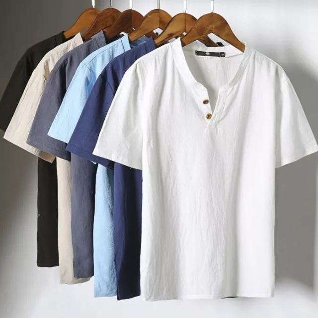 Retro Men Casual Cotton Linen Short Sleeve V-Neck T-shirt Top Blouse Tee Looseต