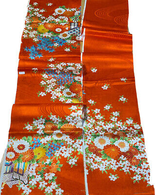 Vintage Japanese Girl's Kimono Rinzu Silk Fabric, Orange Red Floral Lot of 2