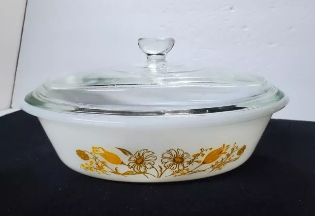 Vintage GLASBAKE Oval Yellow Brown Daisy Flowers 1 Qt Casserole Dish w/Lid J235