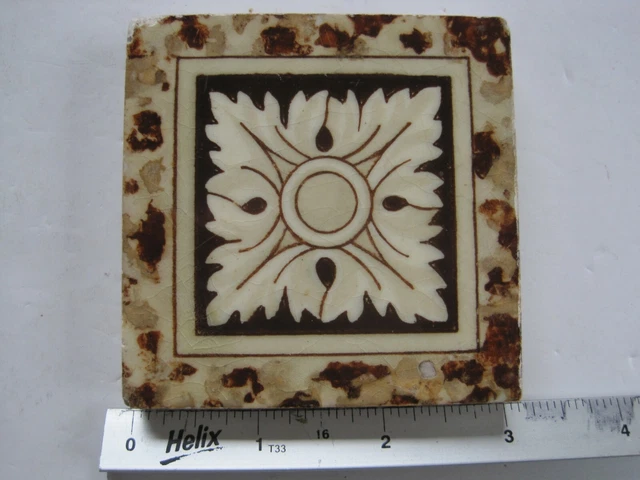 Antique Victorian Mintons 3" Sq. Coloured Transfer Print Tile - Central Flower