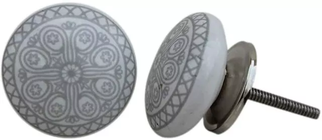 12 Knobs White & Grey Hand Painted Ceramic Knobs Cabinet Drawer Pull Gray