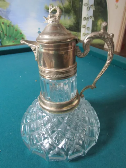 1920s Glass and Gilt Silver Plate Mounted decanter dolphin finial, 10 1/2" ORIGI