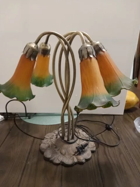 Tulip Lily Pad Table Lamp Tiffany Style 5 Lights Green Yellow Glass SOLD AS IT