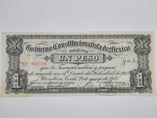 AU 1913 Monclova, Coahuila, Mexico 1 Peso Banknote - P# 626; M975b; MI-COA-1.5