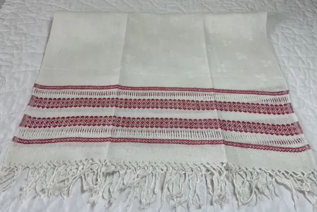Antique Vintage Show Towel, Large, Linen, Woven Leaf & Flower Design, White, Red