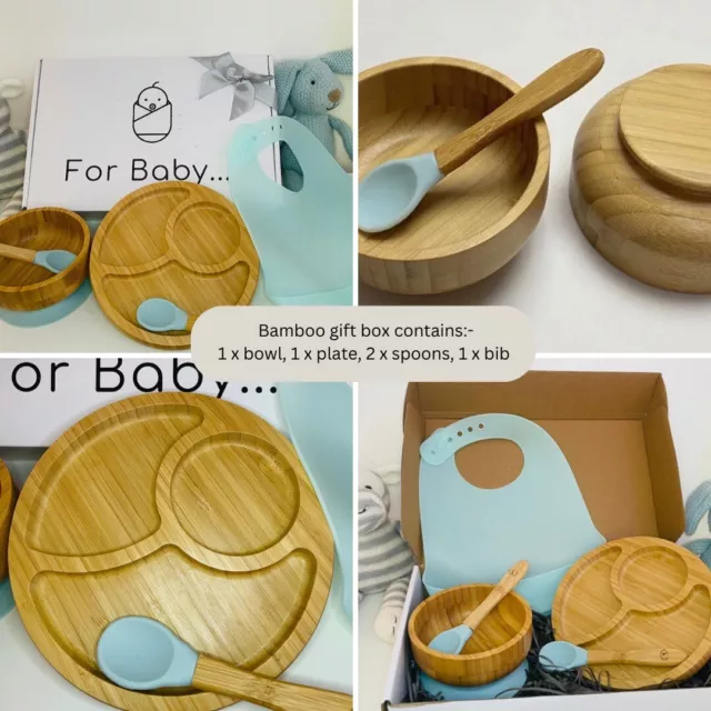 Bamboo Baby Feeding Gift Set Blue, Bamboo Plate, Bowl, Spoons, Baby Shower Gift