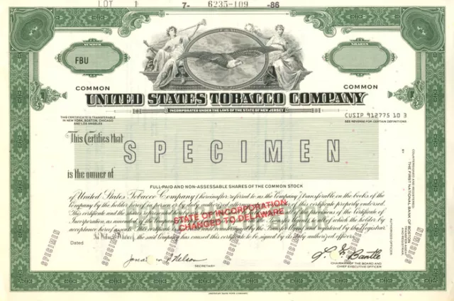 United States Tobacco Co. - Stock Certificate - Specimen Stocks & Bonds