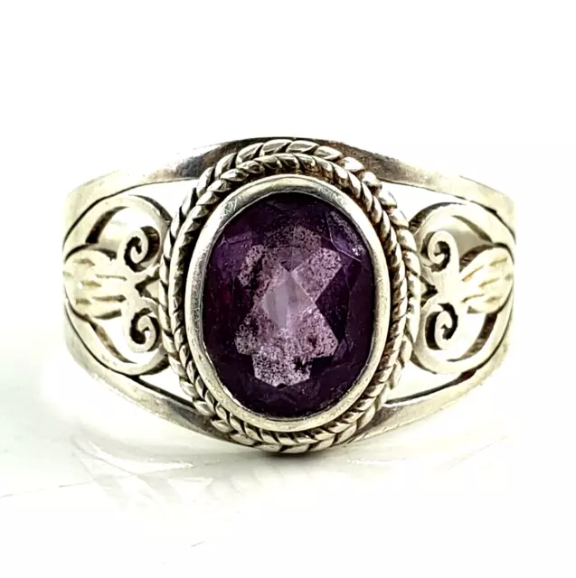 Sterling Silver Ring Womens Size 7.75 Amethyst Gemstone Purple Artisan Boho VTG