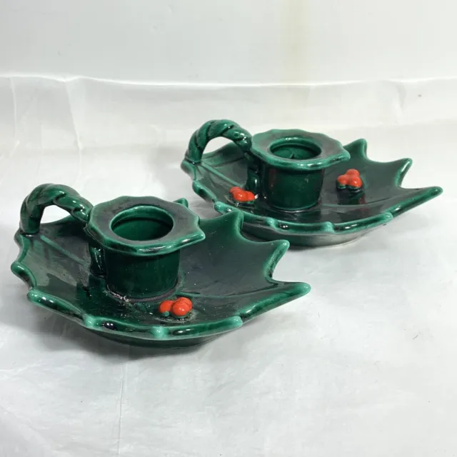 VINTAGE 2 Pc Lefton Holly Berry Candle Holders Porcelain Green Leaf Stickers