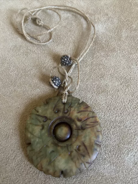 Old Vintage Carved  jade Medallion Necklace With Floating Center Bead