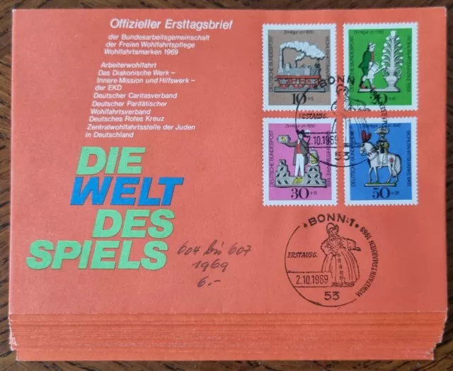 25 x Ersttagsbrief  FDC "Die Welt des Spiels" Mi. Nr. 604-607 Stempel Bonn 1969