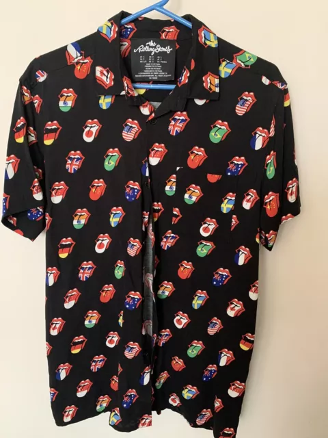 The Rolling Stones Multi Tongue Logo All Over Button Up Down Shirt Black Size S