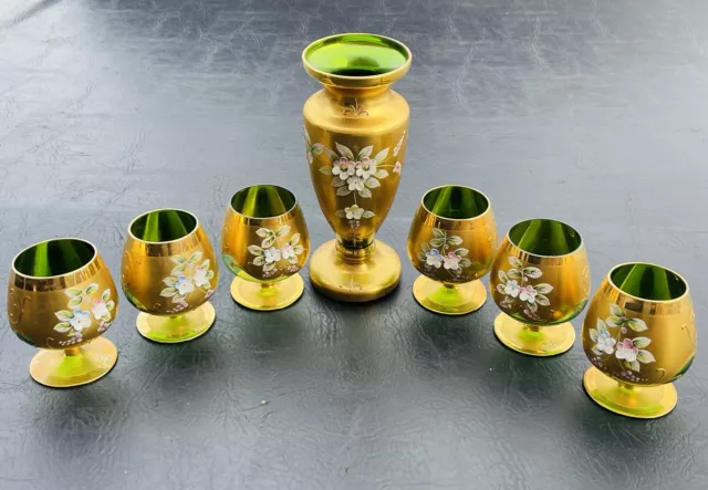 Set Of Circa 1920 Bohemian Czech Republic Emerald Green Enamel Floral Glass Set