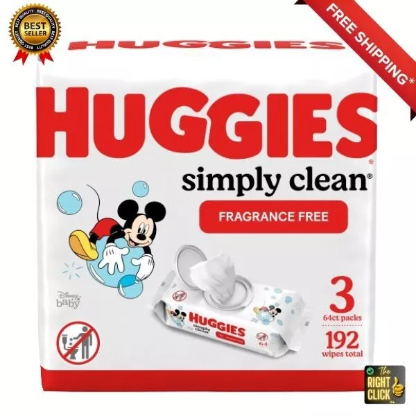 Huggies Simply Clean Fragrance-Free Baby Wipes,3 Flip-Top Packs 192 Wipes Total