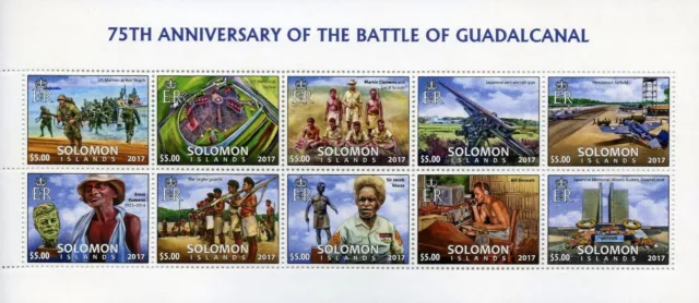 SECONDA GUERRA MONDIALE 1942 BATTAGLIA DI GUADALCANAL MNH foglio francobollo 10 V (2017 Isole Salomone)