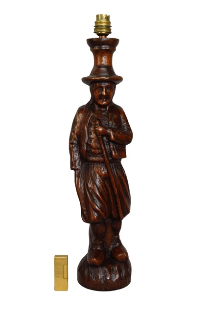 Antique French Large Breton Man Figure Hand Carved Wood Lamp Folk Art