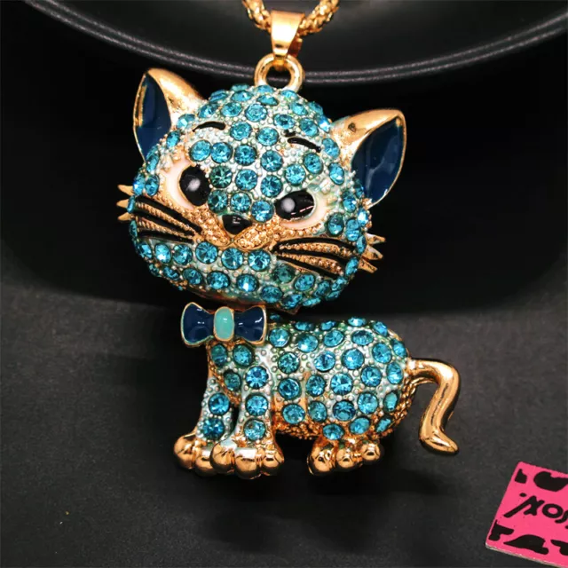 New Betsey Johnson Animal Blue Rhinestone Cat Crystal Pendant Chain Necklace