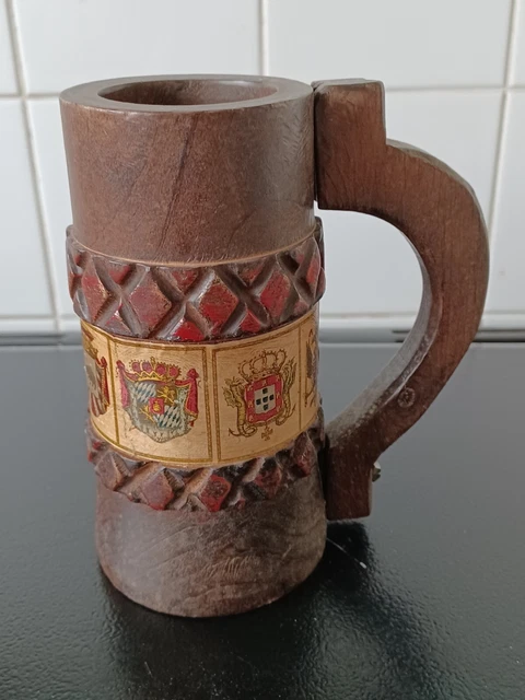 Vintage Carved Wooden Tankard Coat of Arms Designs Handmade