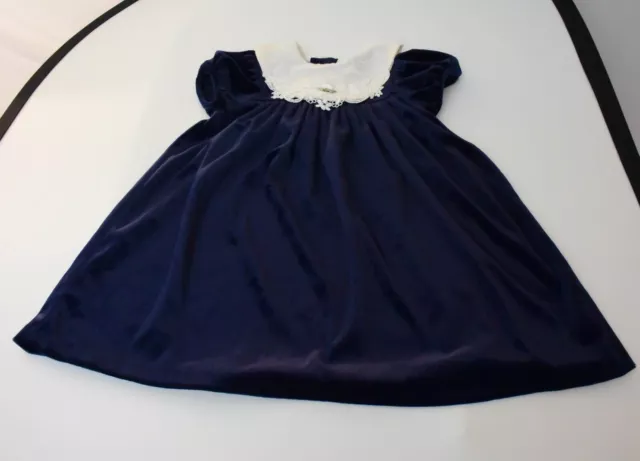 Holiday Midnight Blue Velvet A-Line Dress Shift Embellished Collar Flower Size 4 2