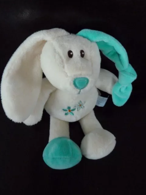 K6- Doudou Peluche Lapin Gipsy Blanc Vert Bleu Fleur Grelot  - Neuf *