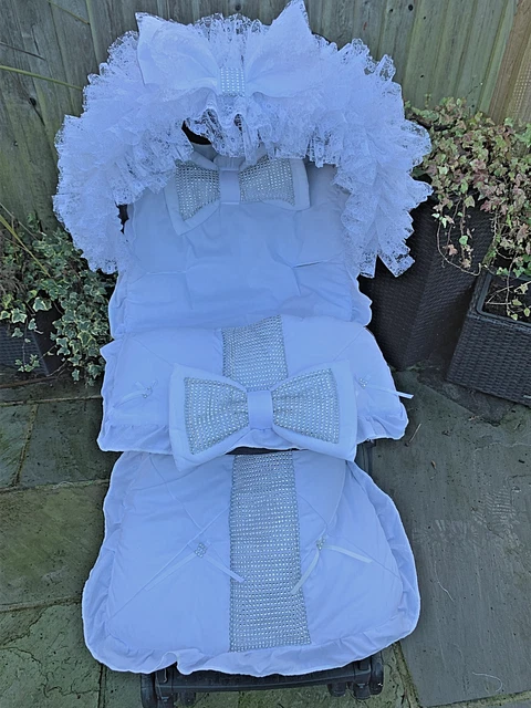 Pram Pushchair - Frilly Bling White Bow Cosytoes Footmuff + Hood Frill/Trim