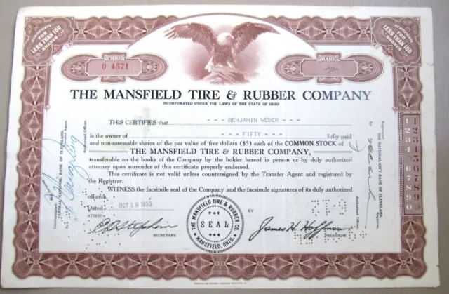 1954 Mansfield OHIO Tire & Rubber Company Stock Certificate Weber 50 Share Eagle