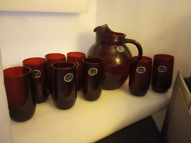 Vintage Royal Ruby Red Anchor Pitcher & 8 Tumblers  Set NWT