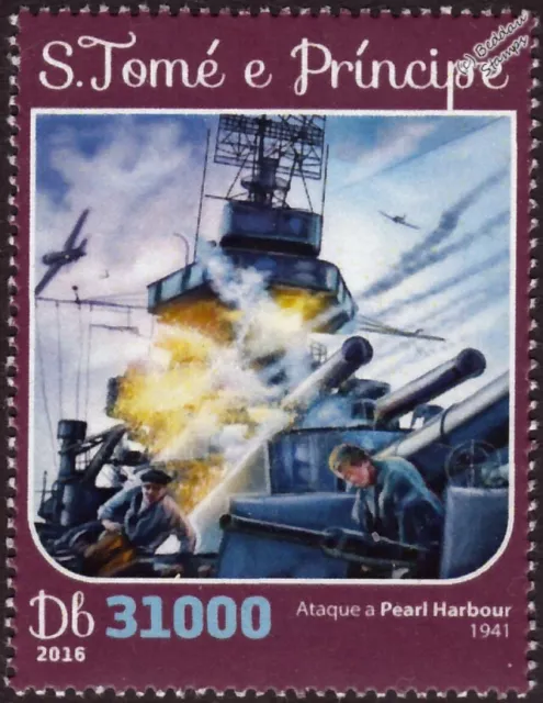 WWII 1941 Attack at PEARL HARBOR: Japanese Aircraft Bomb US Warship Stamp (2016)