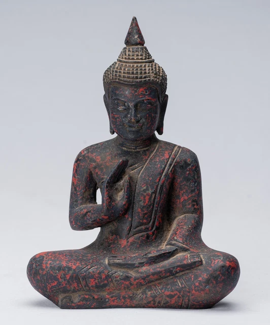 Buddha - Antique Khmer Style Seated Wood Buddha Statue Teaching Mudra - 21cm/8"