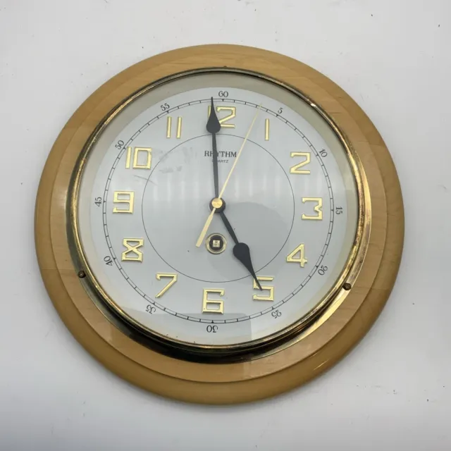 Rhythm Quartz Wall Clock Wood Brass Gold Round Station Clock Style