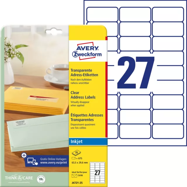 Avery Zweckform J4721-25 Transparent Address Labels 63.5 x 29.6 mm 25 Sheets Fil