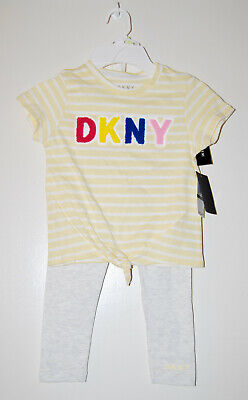 NWT DKNY Little Girls Yellow Knotted Hem Graphic SS T-Shirt & Leggings Set sz 4