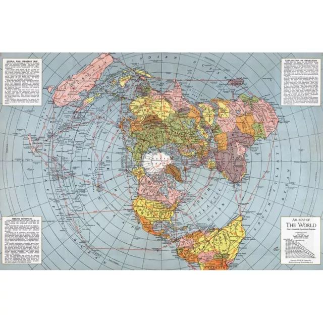 Flat Earth Map - 1943 Air Map Polar Azimuthal Equidistant Projection Map