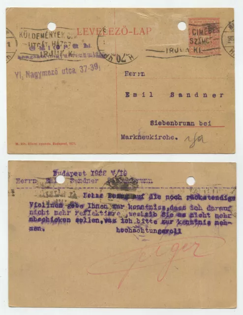 87889 - Ganzsache, ZuF abgelöst - Postkarte- Budapest 19.5.1922 nach Siebenbrunn