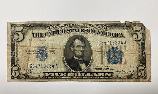 1934 A Blue Seal $5 Dollar Silver Certificate Note- Well Circulated