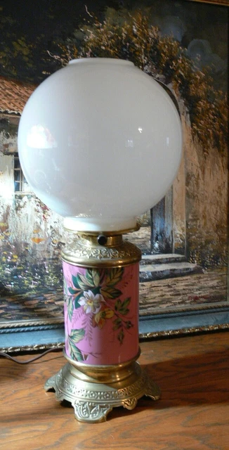 Vintage Pink Floral Glass Parlor Lamp GWTW Banquet Table Lamp W Ball shade globe