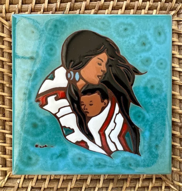 Native American Leone Kuhne Tile Pottery Handpainted Mother Child Vintage USA 6” Native American Leone Kuhne Tile Pottery Handpainted Mother Child Vintage USA 6”