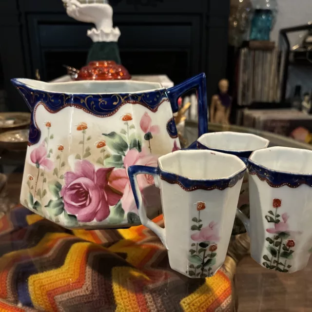 Antique TE-OH Nippon (Japan) Hand Painted China Lemonade Pitcher w/3 Glasses