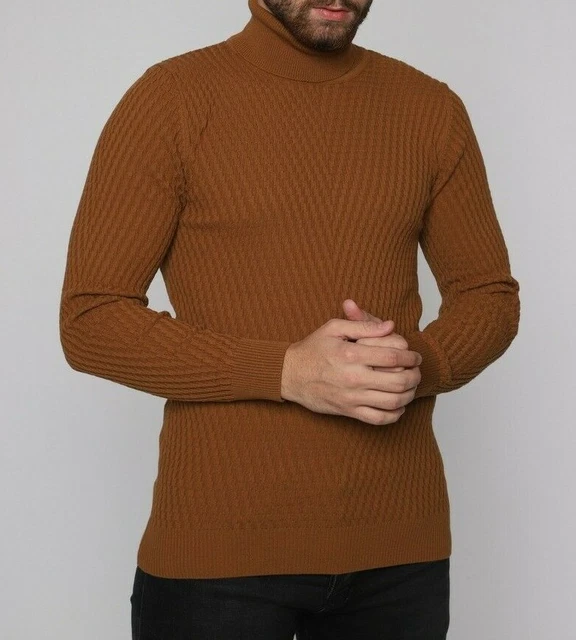 Maglione uomo slim fit maglioncino cardigan collo alto dolcevita marrone da XL