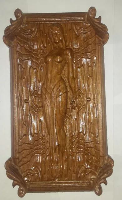 Wood Carving Of Nude Toppless Woman. 4" Width By 7 1/2 Lenght. Carved From Oak. 2