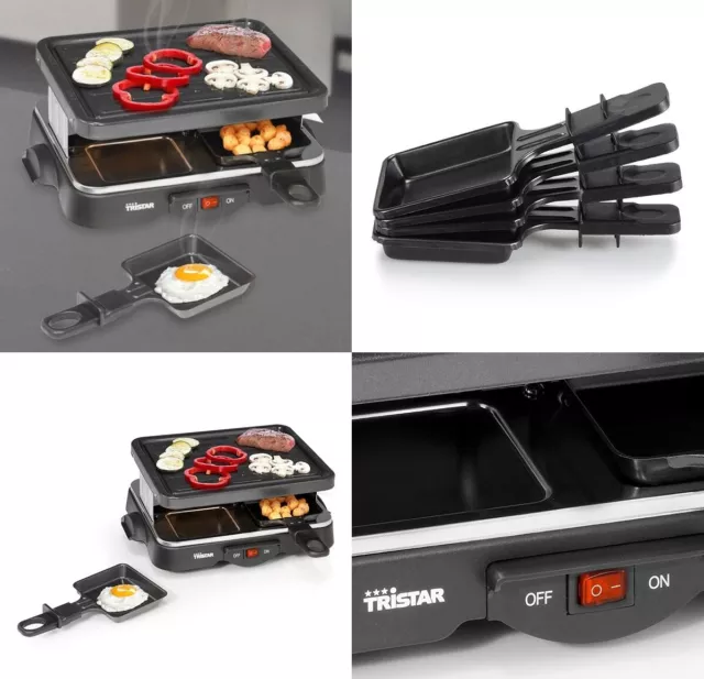 Raclette grill parrilla antiadherente 500W,4 sartenes,superficie cocina 22x17,5