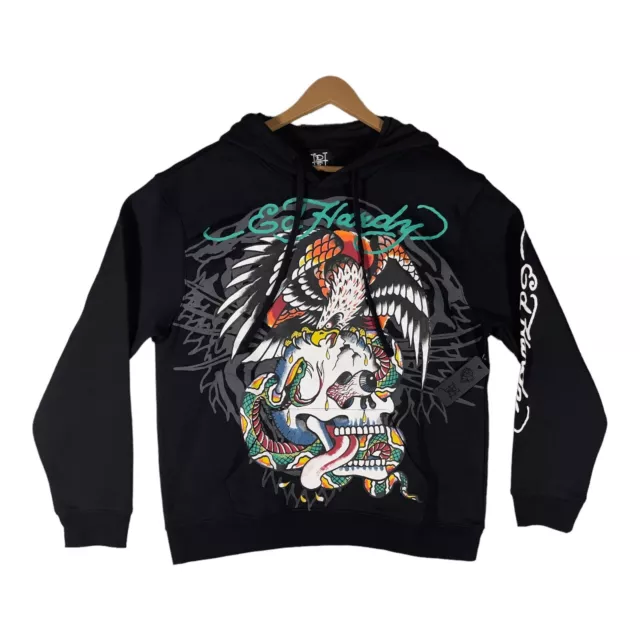 Ed Hardy Pullover Men's Size M Black Fleece Hoodie Eagle Skull Battle Graphic