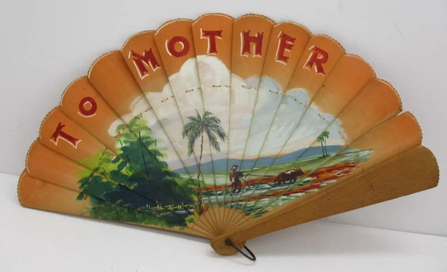 Vintage Hand Painted Wood Bamboo Souvenir Fan "To Mother" Asian Farm Scene