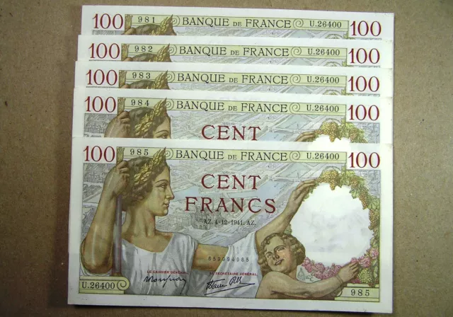France 100 Francs Banknote 1941, P-94 Lot of 5 Consecutive SN's, Crisp XF-EF